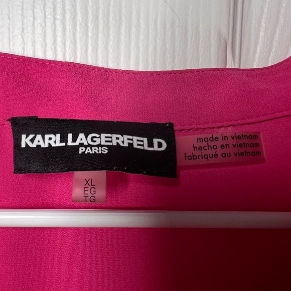 Karl Lagerfeld Paris Blouse Womens XL Pink Ruffle Trim V Neck Button Up Top - Picture 2 of 15